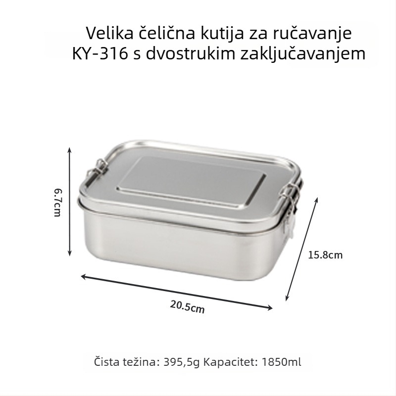 Kutija za ručak od 316 nehrđajućeg čelika, pravokutna, izolirana, 800–1000 ml, jednoslojna