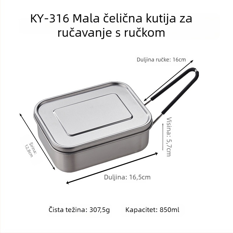 Kutija za ručak od 316 nehrđajućeg čelika, pravokutna, izolirana, 800–1000 ml, jednoslojna