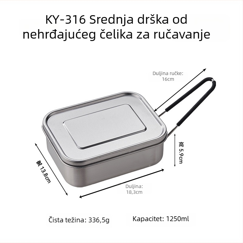 Kutija za ručak od 316 nehrđajućeg čelika, pravokutna, izolirana, 800–1000 ml, jednoslojna