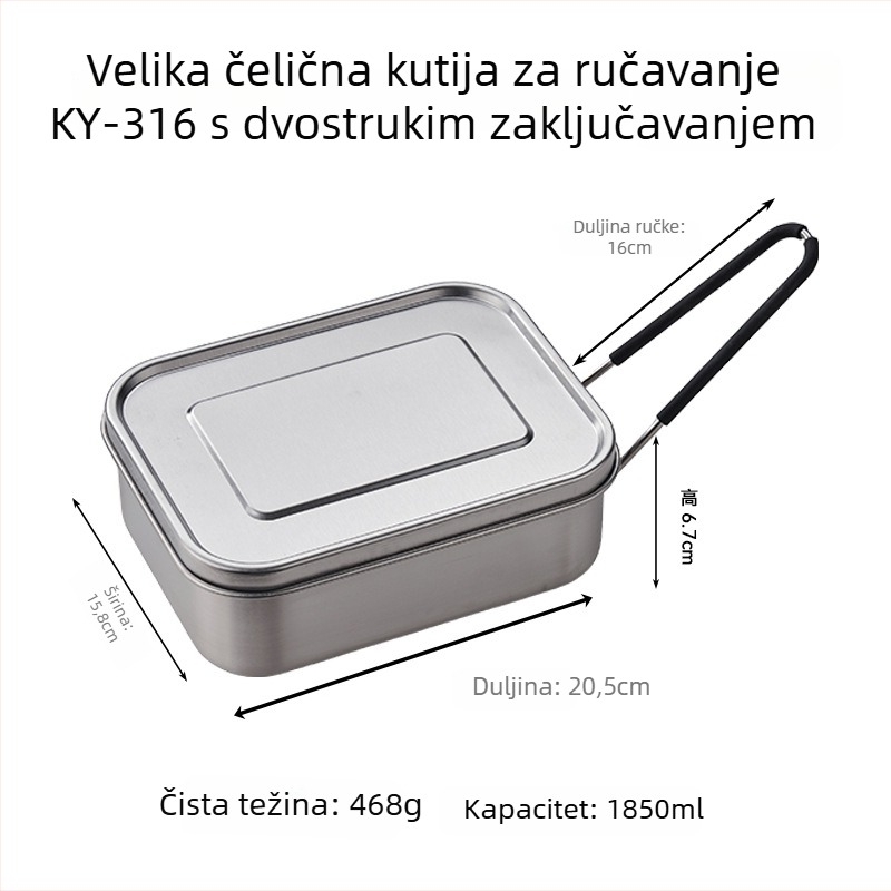 Kutija za ručak od 316 nehrđajućeg čelika, pravokutna, izolirana, 800–1000 ml, jednoslojna
