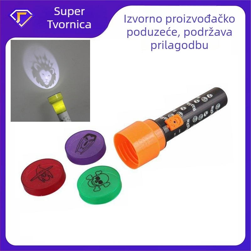 LED projektorska baterijska svjetiljka s prilagođenim uzorcima; Napajanje baterija 3.7V; LED izvor svjetla; Plastično kućište; Domet do 50 m