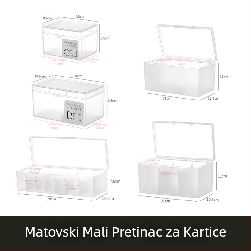 Desktop kutija za kartice – PP materijal, prozirno-mat, s poklopcem i pregradama, može se slagati; organizira daljinske upravljače, nakit, kancelarijski pribor, mobitele i kozmetiku; model 4753-1a; japanski stil