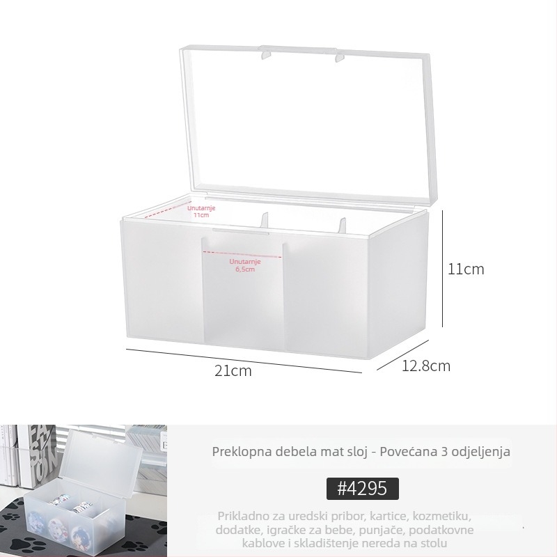 Desktop kutija za kartice – PP materijal, prozirno-mat, s poklopcem i pregradama, može se slagati; organizira daljinske upravljače, nakit, kancelarijski pribor, mobitele i kozmetiku; model 4753-1a; japanski stil