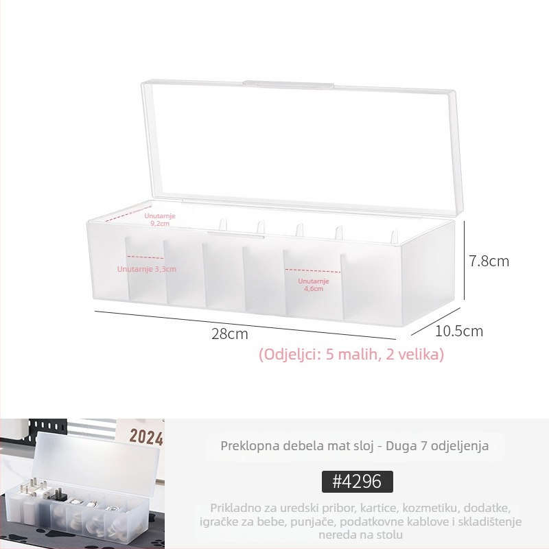 Desktop kutija za kartice – PP materijal, prozirno-mat, s poklopcem i pregradama, može se slagati; organizira daljinske upravljače, nakit, kancelarijski pribor, mobitele i kozmetiku; model 4753-1a; japanski stil