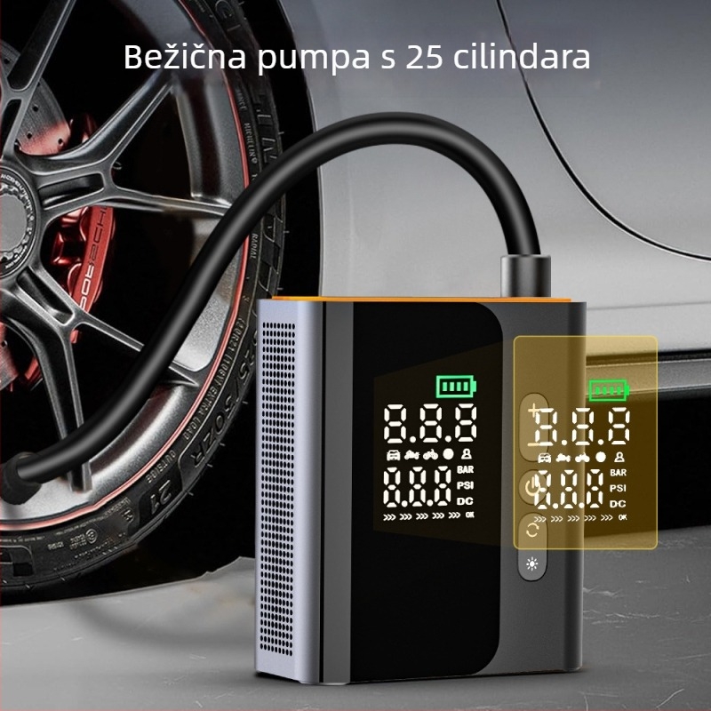 Prijenosna automobilska pumpa za gume, jednocilindrična, bežična, s skrivenim spremnikom, višenamjenska električna pumpa za gume s digitalnim zaslonom