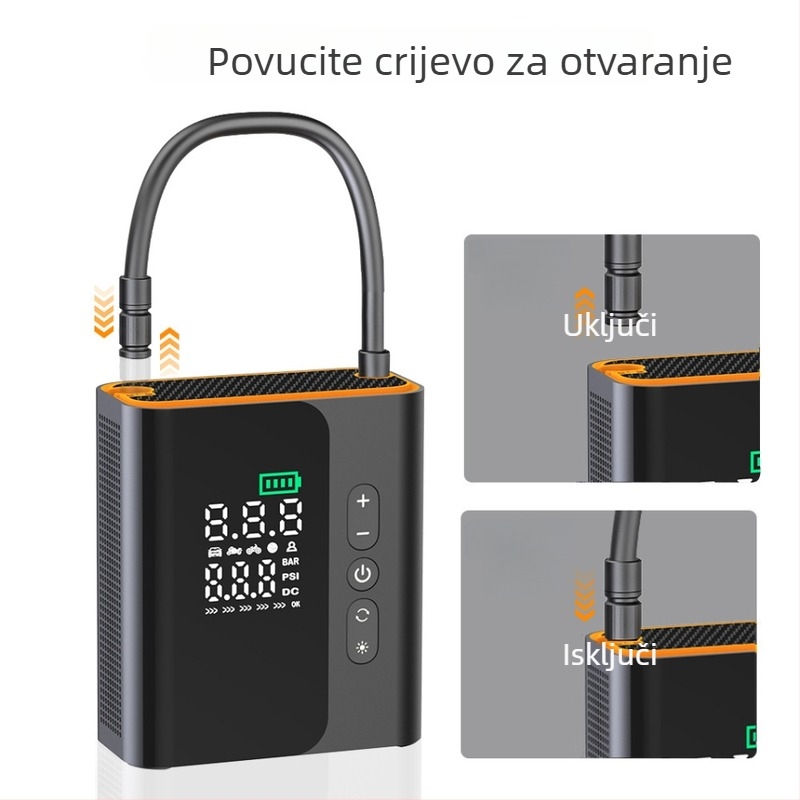 Prijenosna automobilska pumpa za gume, jednocilindrična, bežična, s skrivenim spremnikom, višenamjenska električna pumpa za gume s digitalnim zaslonom