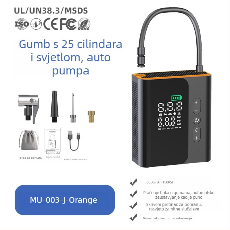 Prijenosna automobilska pumpa za gume, jednocilindrična, bežična, s skrivenim spremnikom, višenamjenska električna pumpa za gume s digitalnim zaslonom