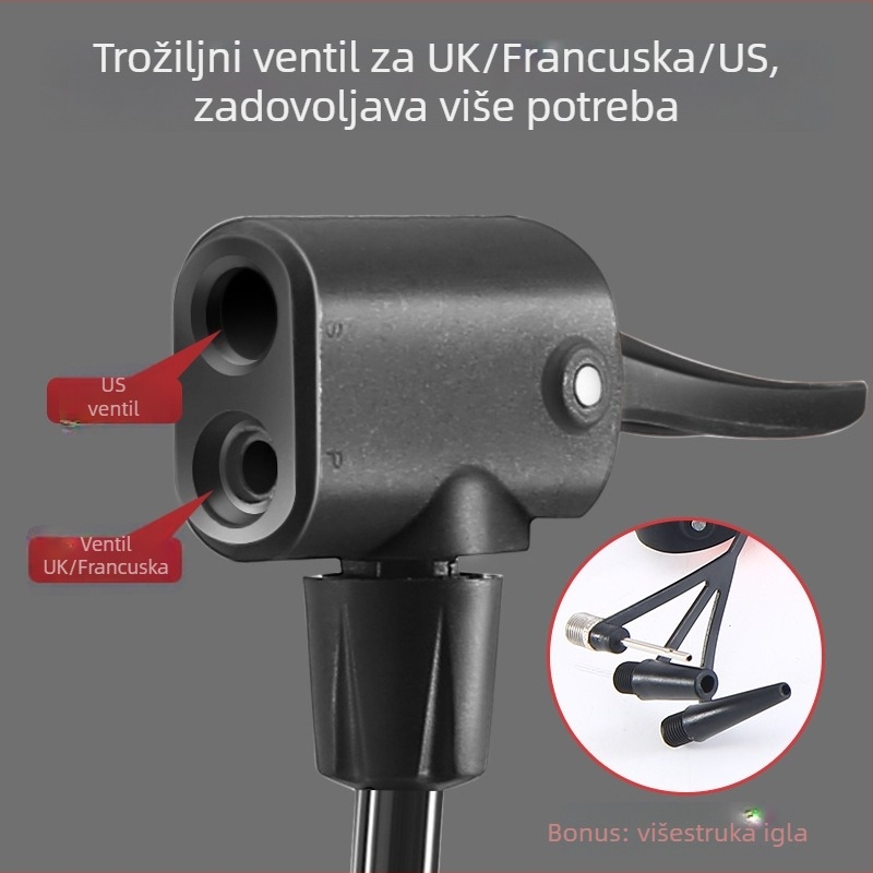Pedalna pumpa s dvostrukim cilindrom za bicikle – model Xf005, tijelo od željeza, maksimalni tlak 160 psi, pribor: višenamjenska igla za lopte