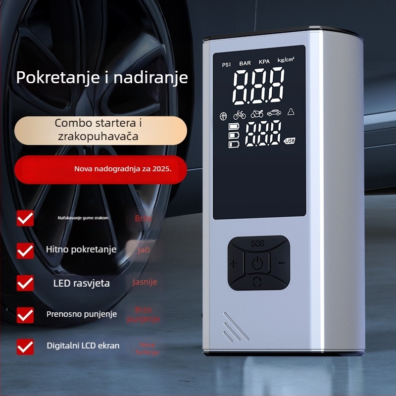 Prijenosna bežična pumpa za aute s LED osvjetljenjem, digitalnim zaslonom i mjeračem tlaka, USB napajanje