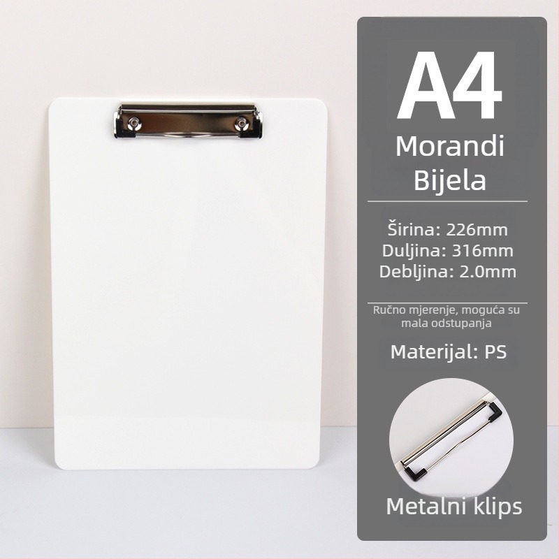 A4 klipbord s PS pločom i jednim snažnim klipom — plastika; klips 2,5×9,5 cm; debljina ploče 2 mm; pogodan za papir A4/A5