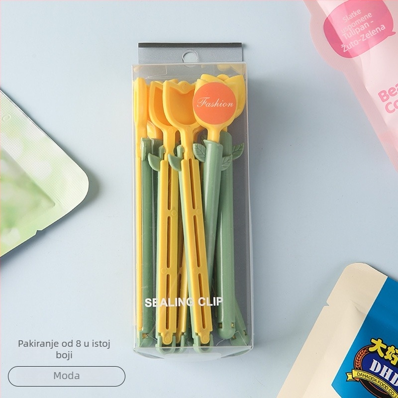 Klip za zatvaranje s dizajnom tulipana, otporan na vlagu i čuva svježinu, PVC kutija 8 komada, Youyue