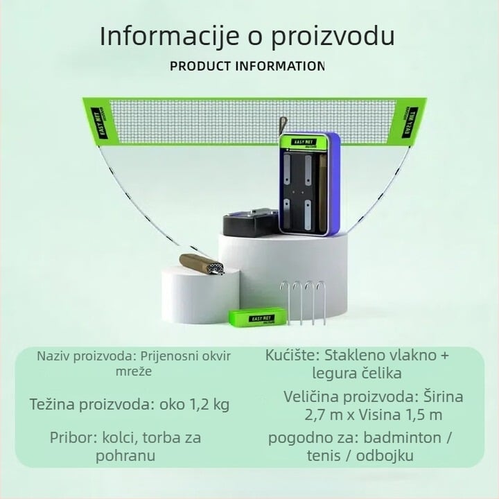 Okvir za badmintonsku mrežu – prijenosni, sklopivi, za unutarnju i vanjsku upotrebu, jednostavna montaža, izdržljiv za trening