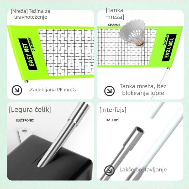 Okvir za badmintonsku mrežu – prijenosni, sklopivi, za unutarnju i vanjsku upotrebu, jednostavna montaža, izdržljiv za trening