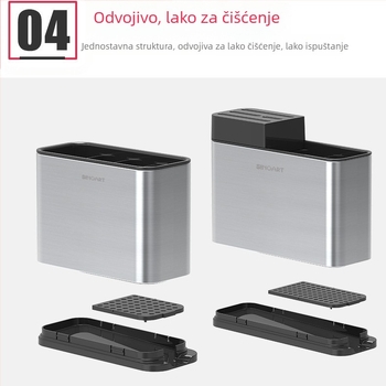 Shinoya nehrđajući čelični kuhinjski stalak s odvodom vode i držačem za pribor – višenamjenski, demontažni, bez ugradnje, pogodan za kut ili stol, pravokutni dizajn.