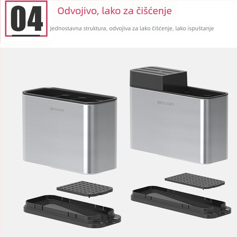 Shinoya nehrđajući čelični kuhinjski stalak s odvodom vode i držačem za pribor – višenamjenski, demontažni, bez ugradnje, pogodan za kut ili stol, pravokutni dizajn.