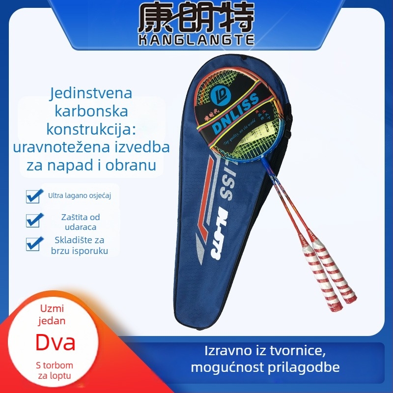 Dva komada karbonskih badminton raketa za trening i kućnu upotrebu, ofenzivni stil, za amatere mlađe uzraste; težina 95–100 g po komadu, debljina drške G5, tip rakete: direktan udar, srednja tvrdoća šipke