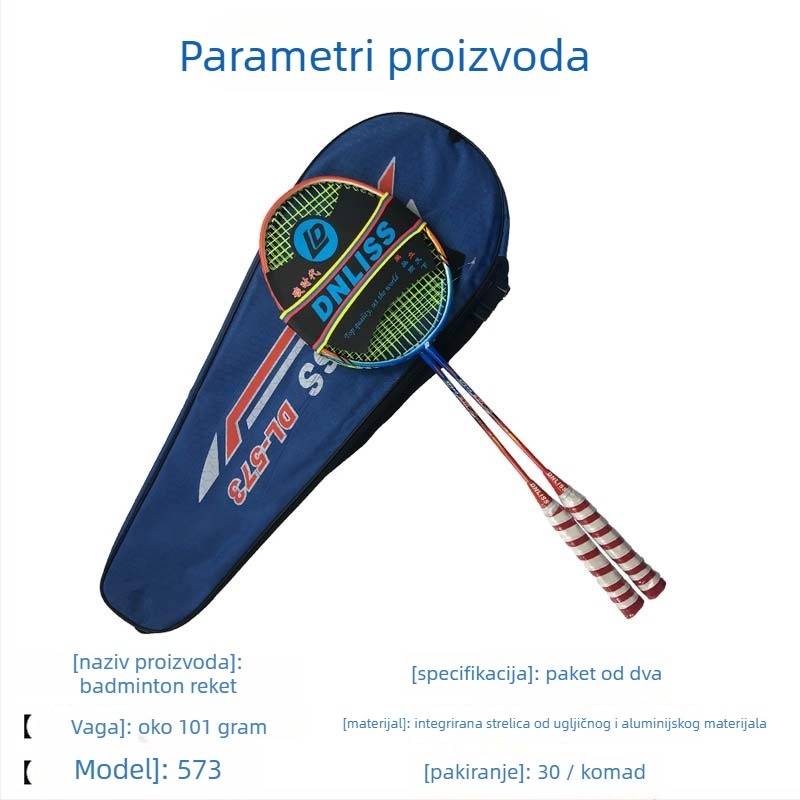 Dva komada karbonskih badminton raketa za trening i kućnu upotrebu, ofenzivni stil, za amatere mlađe uzraste; težina 95–100 g po komadu, debljina drške G5, tip rakete: direktan udar, srednja tvrdoća šipke