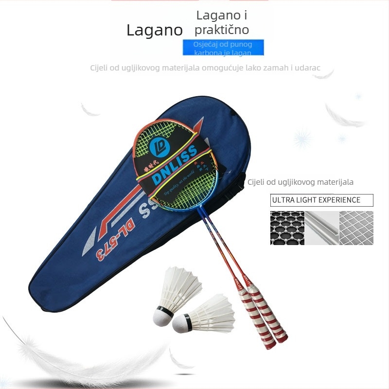 Dva komada karbonskih badminton raketa za trening i kućnu upotrebu, ofenzivni stil, za amatere mlađe uzraste; težina 95–100 g po komadu, debljina drške G5, tip rakete: direktan udar, srednja tvrdoća šipke