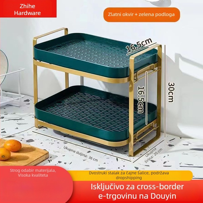 Dvostruki stalak za čajne šalice i čajnik s odvodnim pladnjem – karbonska čelika, bez ugradnje, moderni jednostavni stil, Zhihe