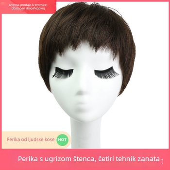Perika za žene, kratka ravna kosa, pravo ljudsko vlasi, potpuno pokrivanje glave, dog-gnaw bangs
