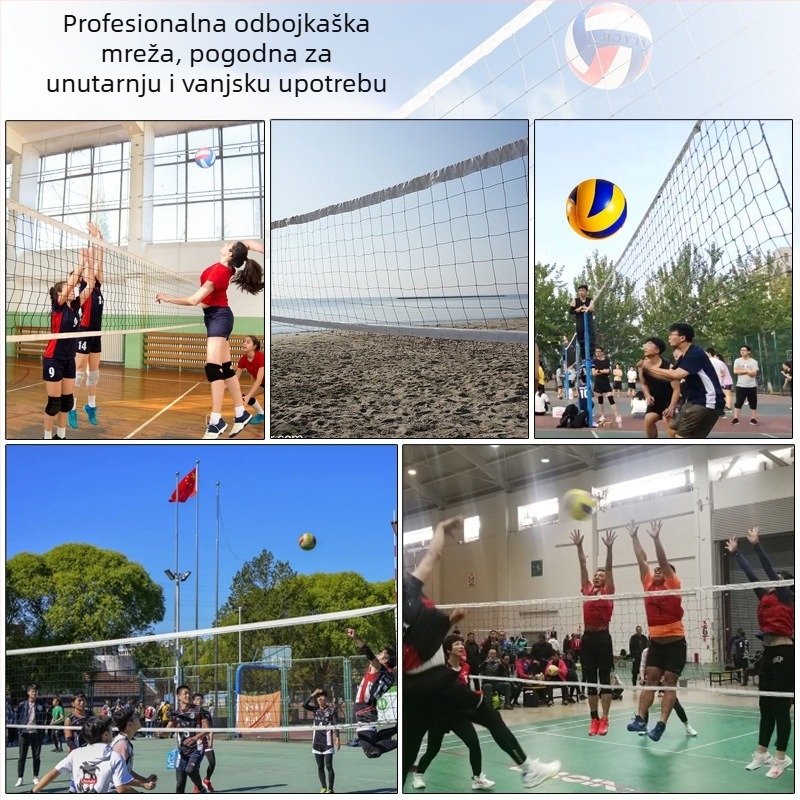 Volejbol mreža — polietilen, za plažu i standardnu natjecateljsku mrežu, mreža s čvorovima, četverostrani rubovi, čelična žica