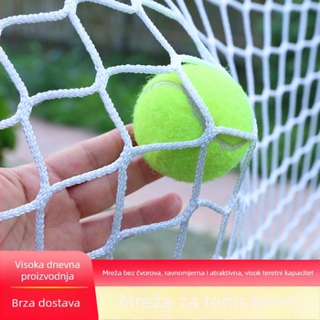 Mreža za tenis teren: perimetralna, zaštitna i izolirajuća mreža bez čvorova; Materijal: polipropilen/poliester; Primjena: stolni tenis, tenis s perju i drugi loptaški sportovi; Prilagodba dostupna; Pogodno za tenis