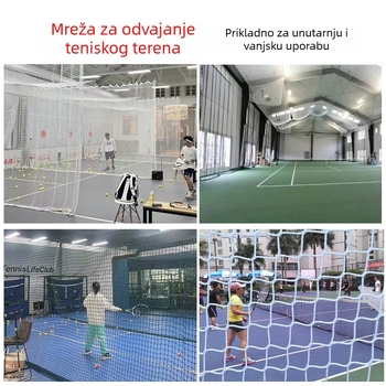 Mreža za tenis teren: perimetralna, zaštitna i izolirajuća mreža bez čvorova; Materijal: polipropilen/poliester; Primjena: stolni tenis, tenis s perju i drugi loptaški sportovi; Prilagodba dostupna; Pogodno za tenis