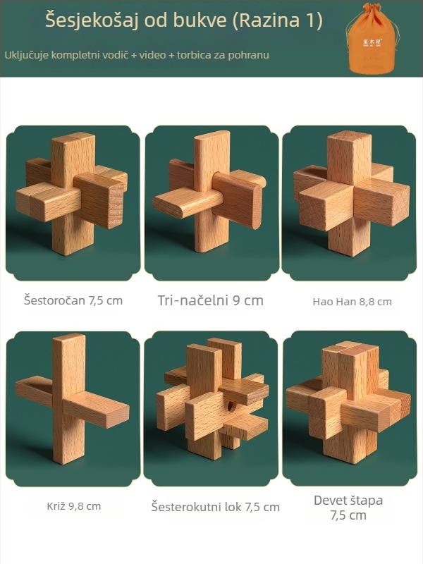 Drveni Kongming i Luban sklop u šarenom pakiranju — bukovo drvo, mortise-and-tenon konstrukcija, razvoj fine motorike
