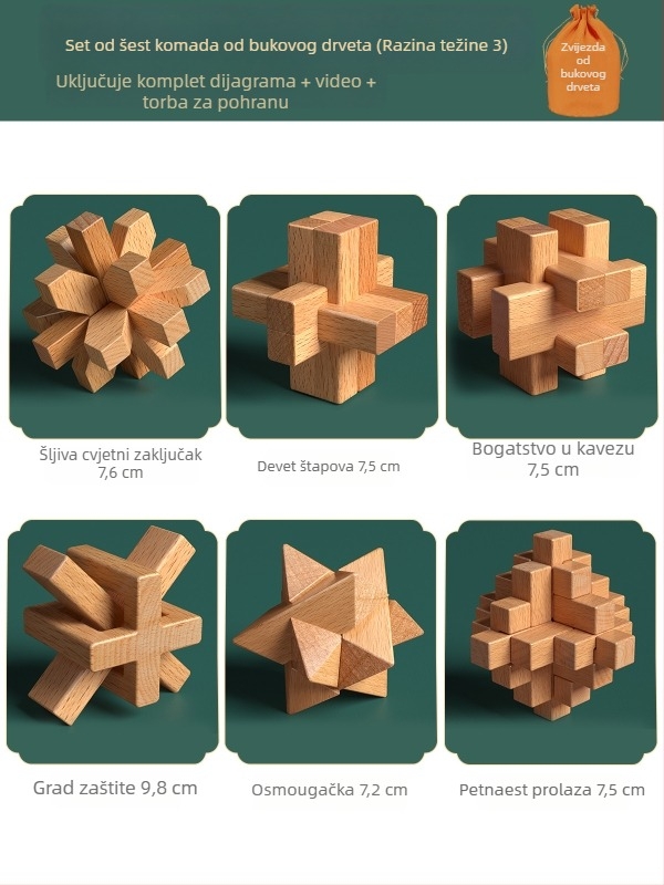 Drveni Kongming i Luban sklop u šarenom pakiranju — bukovo drvo, mortise-and-tenon konstrukcija, razvoj fine motorike