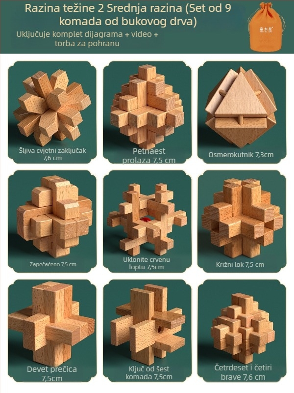 Drveni Kongming i Luban sklop u šarenom pakiranju — bukovo drvo, mortise-and-tenon konstrukcija, razvoj fine motorike
