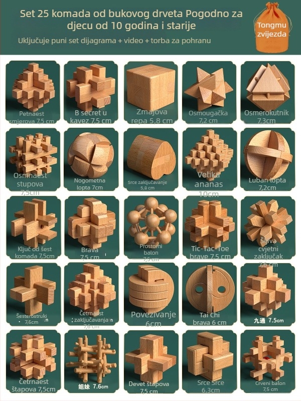 Drveni Kongming i Luban sklop u šarenom pakiranju — bukovo drvo, mortise-and-tenon konstrukcija, razvoj fine motorike