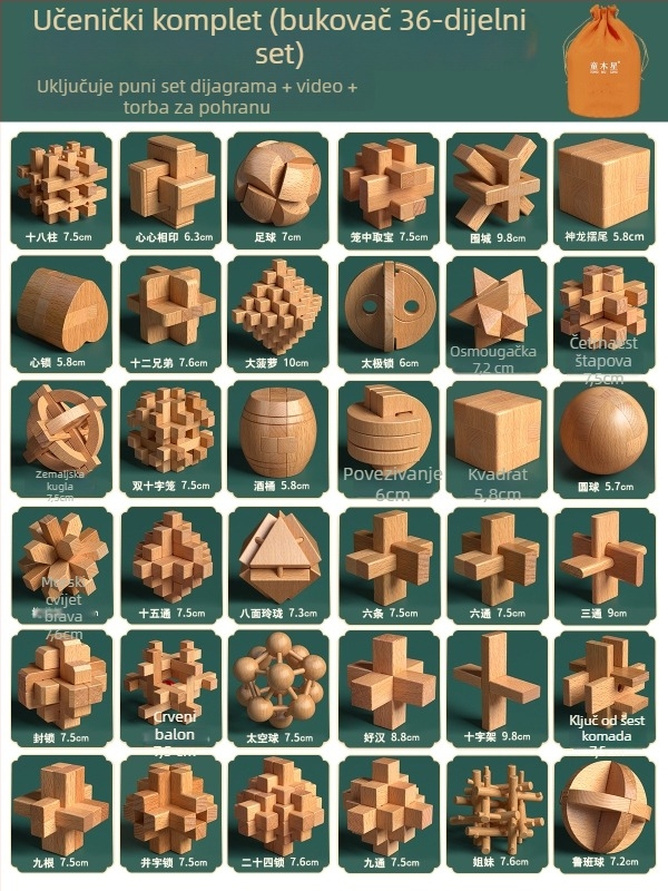 Drveni Kongming i Luban sklop u šarenom pakiranju — bukovo drvo, mortise-and-tenon konstrukcija, razvoj fine motorike