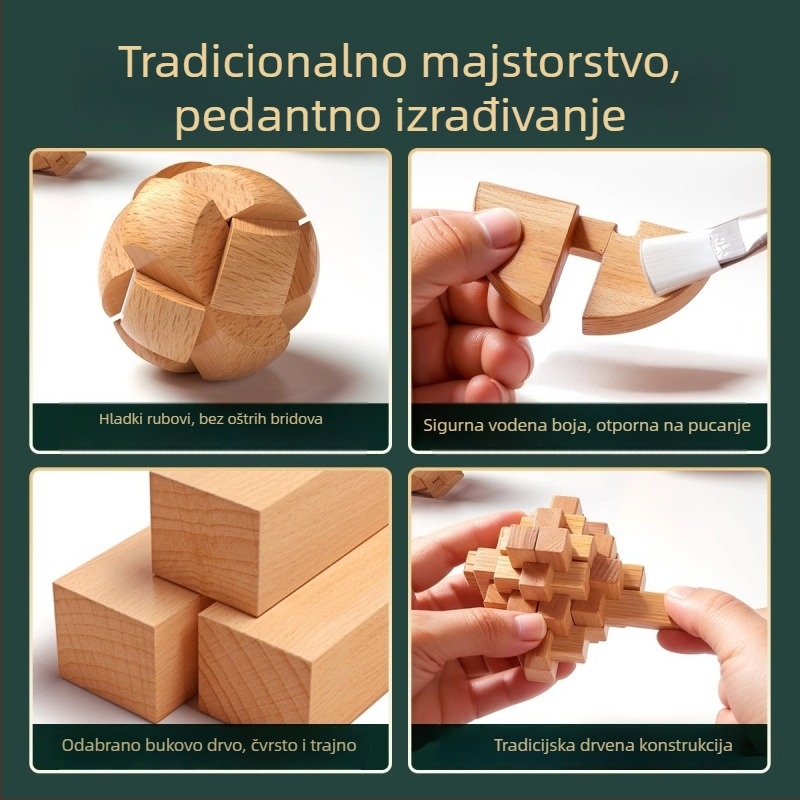 Drveni Kongming i Luban sklop u šarenom pakiranju — bukovo drvo, mortise-and-tenon konstrukcija, razvoj fine motorike