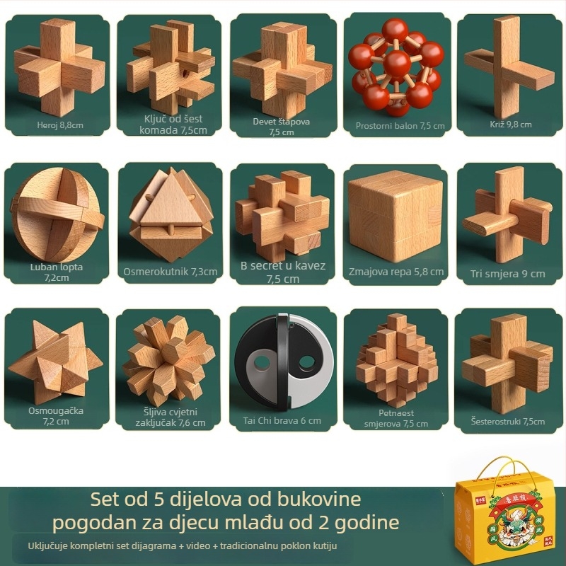 Drveni Kongming i Luban sklop u šarenom pakiranju — bukovo drvo, mortise-and-tenon konstrukcija, razvoj fine motorike