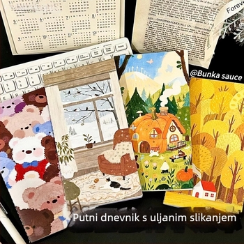 Notebook za putovanja s uljem – sladak DIY, prijenosan; Uvez: francuski preklop; Unutarnji materijal: originalna drvena pulpa; Stranice: 1–50