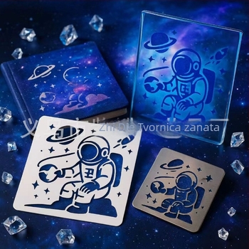 DIY šablona za crtanje s izrezanim astronautom i motivom grafita raketa‑planeta | PET materijal