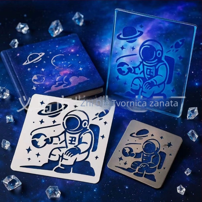 DIY šablona za crtanje s izrezanim astronautom i motivom grafita raketa‑planeta | PET materijal
