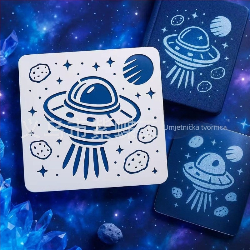 DIY šablona za crtanje s izrezanim astronautom i motivom grafita raketa‑planeta | PET materijal