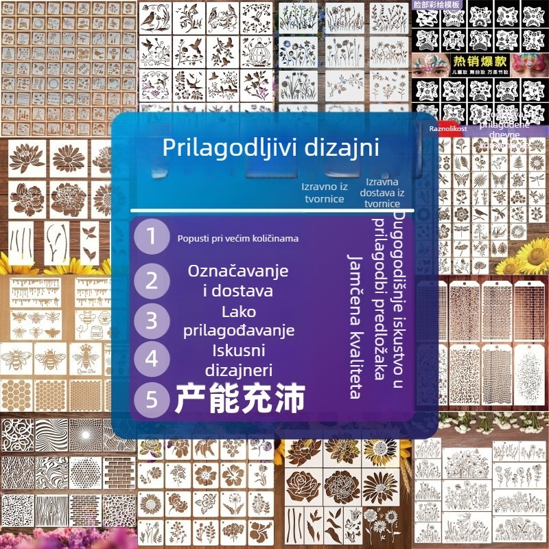 Šablona za crtanje s cvijećem, biljem i slovima, prorezani dizajn, prilagođena DIY grafiti ploča (Materijal: PET; Uvoz: Ne; IP autorizacija: Ne)
