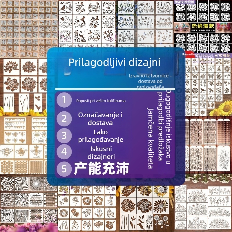 Šablona za crtanje s cvijećem, biljem i slovima, prorezani dizajn, prilagođena DIY grafiti ploča (Materijal: PET; Uvoz: Ne; IP autorizacija: Ne)