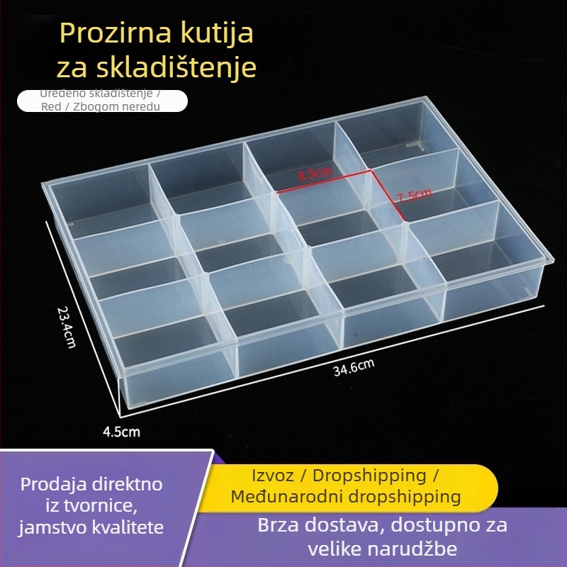 Prozirna kutija za skladištenje s odjeljcima, kutija za prikaz bez poklopca za dijelove nakita, PP/PS plast, NC-023