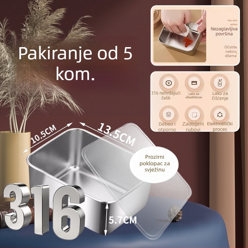 Pravokutna posuda od 316 nehrđajućeg čelika s poklopcem, 501–800 ml, održava svježinu