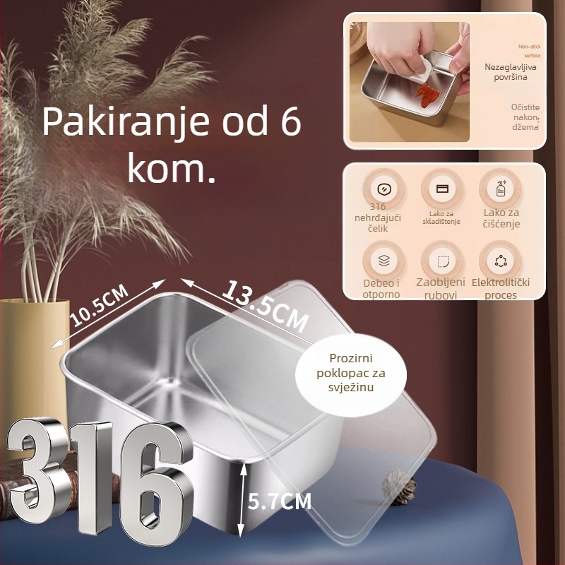 Pravokutna posuda od 316 nehrđajućeg čelika s poklopcem, 501–800 ml, održava svježinu