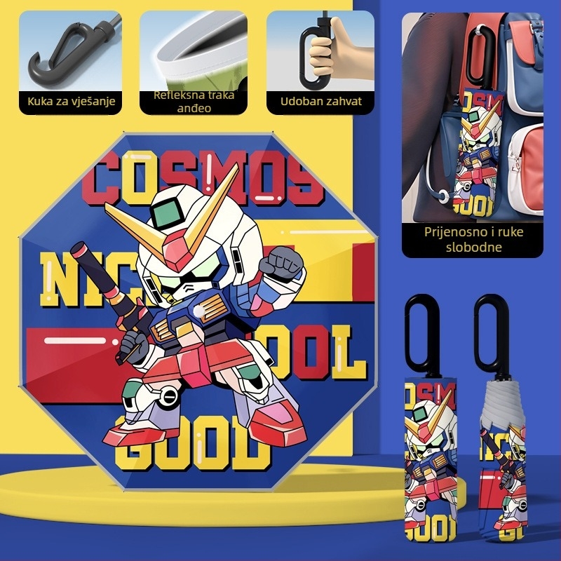 Dječji kišobran s automatskim otvaranjem, 8 šipki, UPF50+ zaštita od sunca i kiše, otisnuti logo