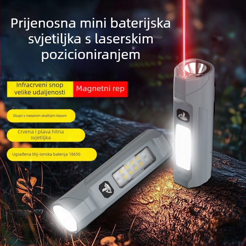Infračerveni laserski flashlight s magnetnim radnim svjetlom, kopčom za kapu i bočnim svjetlom — LED 5W, 1200mAh, punjiva, ABS kućište, domet ≥500 m, laser za igru mačaka