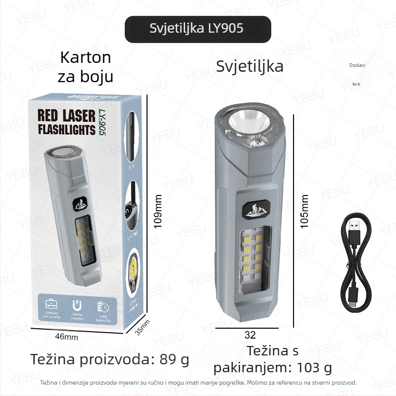 Infračerveni laserski flashlight s magnetnim radnim svjetlom, kopčom za kapu i bočnim svjetlom — LED 5W, 1200mAh, punjiva, ABS kućište, domet ≥500 m, laser za igru mačaka