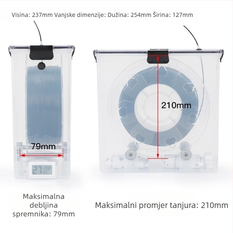 Kutija za sušenje potrošnog materijala za 3D printer s kapacitetom 1 kg, ladica za materijal i zatvoreno skladište za PLA, PETG, TPU, nylon i ABS