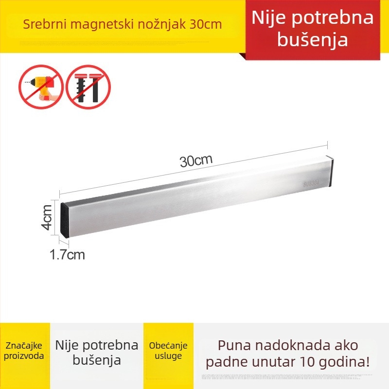 Zidni magnetski držač noževa od nehrđajućeg čelika 304, bez bušenja, jedan sloj, moderan minimalistički dizajn, nosivost 7,5 kg