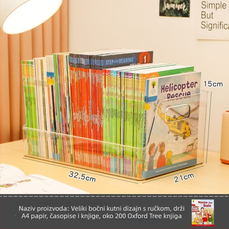 Prozirna kutija za pohranu knjiga, PET plast, model MM0016, kapacitet 5–10 L, pokretni stolni organizator