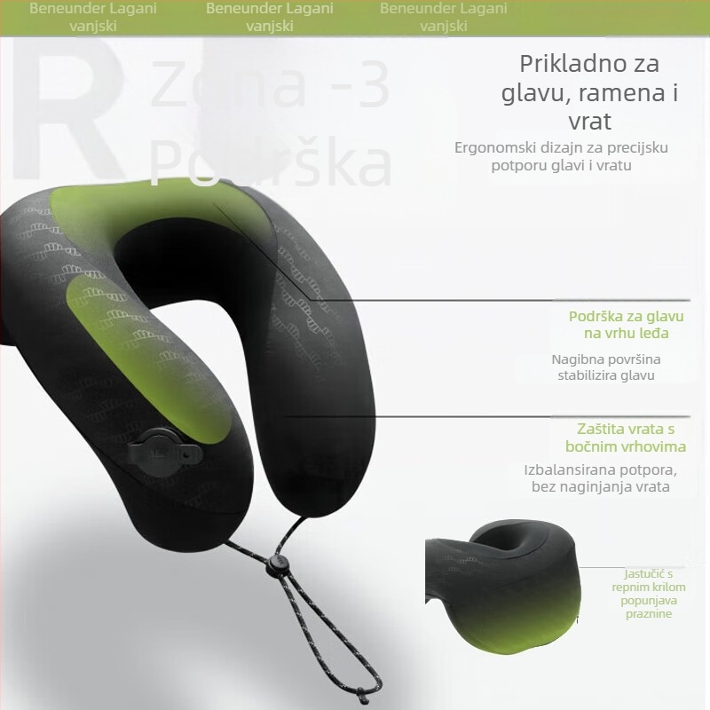 Jastuk za putovanje u obliku U s potporom cijelog vrata, brzo punjenje, prijenosan